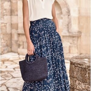 Garnet Hill Favorite Maxi Blue Cotton Modal Floral Skirt Bubble Hem with Pockets